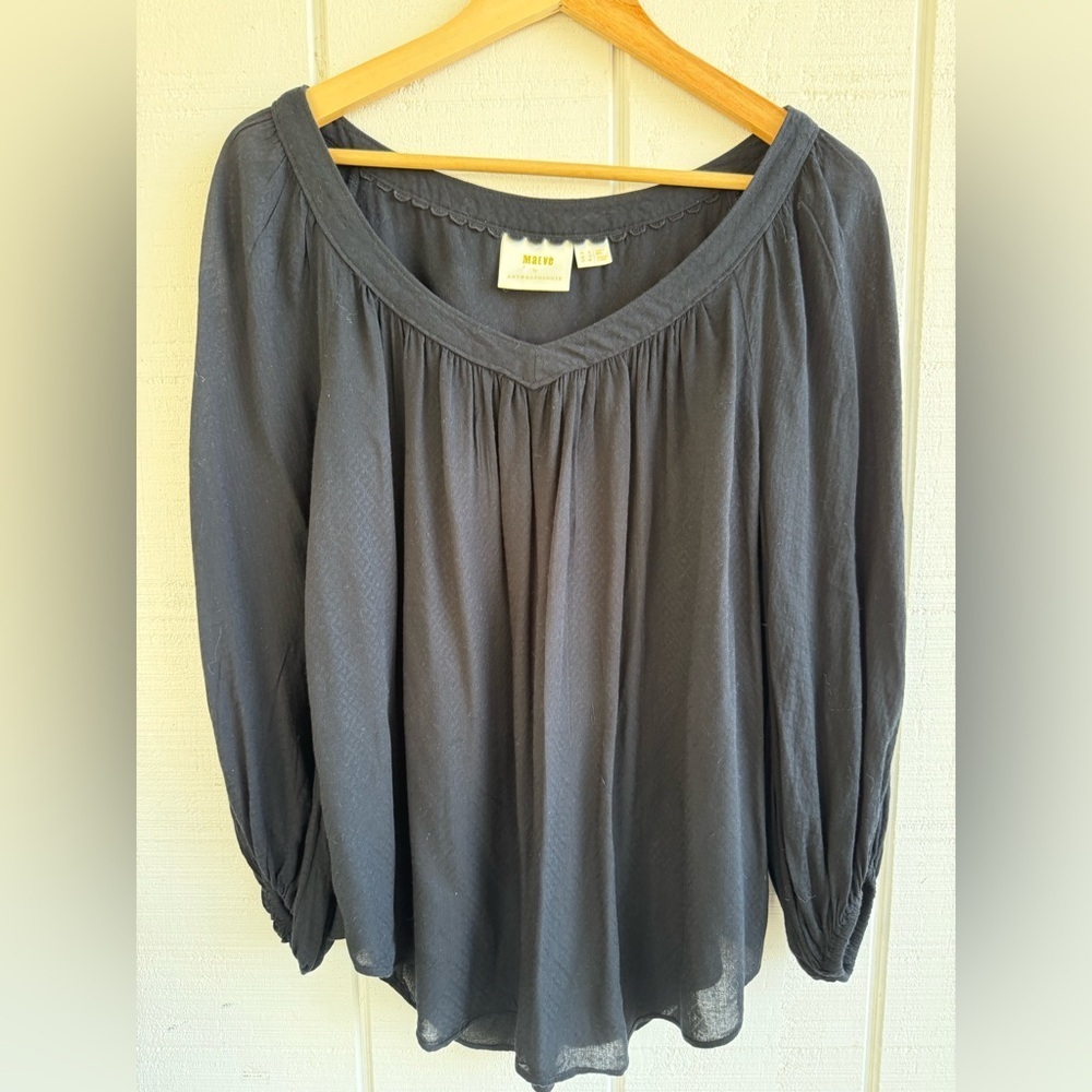 Anthropologie Women's Maeve Black V Neck Peasant Balloon Sleeve Blouse Size 4